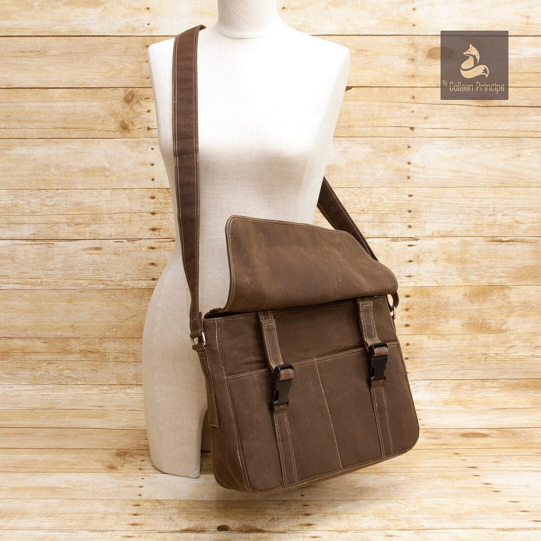 Dark Brown Waxed Canvas Messenger Bag, Crossbody, minimalist, vegan leather, Womens Workbag, computer bag for laptops, mens, back to school